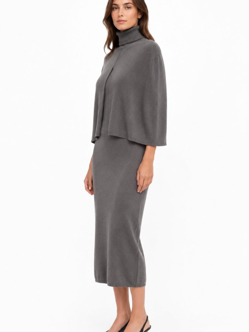 NWT VERTIGO PARIS GREY KNIT TURTLENECK SLEEVELESS CAPED DRAPED MIDI DRESS - XS